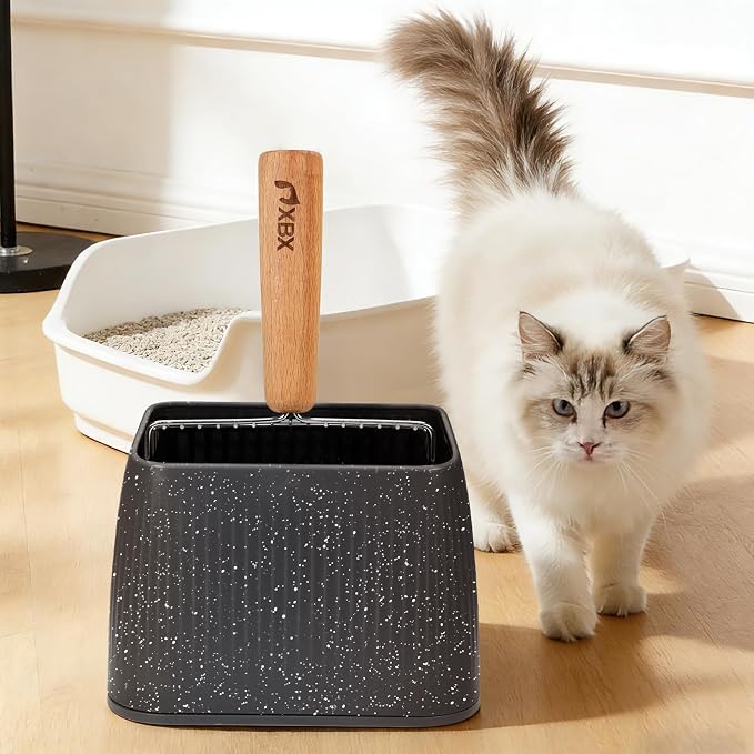 XBX Cat Litter Scoop with Holder, Heavy Duty Litter Sifter, Stainless Steel Litter Shovel, Litter Scooper with Beech Wood Grip and Washable Stand, Perfect for Cat Litter Box Cleaning