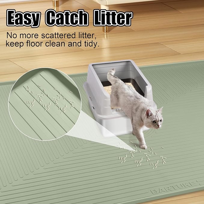 Silicone Cat Litter Mat 50" x 36" Cat Mat for Litter Box, Green | Extra Large Cat Litter Trapping Mat for Floor, Waterproof, Non-Slip Kitty Litter Box Mat with Raised Edge, Easy to Clean