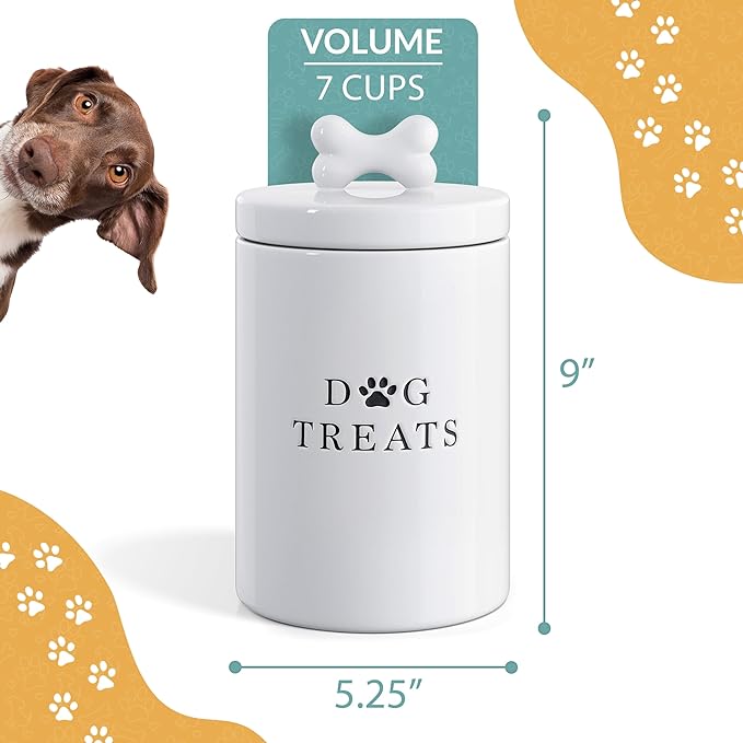 Barnyard Designs Large Dog Treat Container Airtight with Lid, Cute Rustic Ceramic Dog Treat Storage Jar for Kitchen Counter (White)