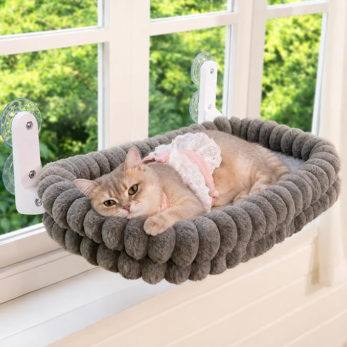 CHEERPALS Cloud Cat Window Perch for Indoor Cats Hammock Bed Foldable | Reversible Cushion Removable Washable, Breathable Soft All-Season, Sturdy Strong Suction Cups Support, Cordless(Grey,Medium)