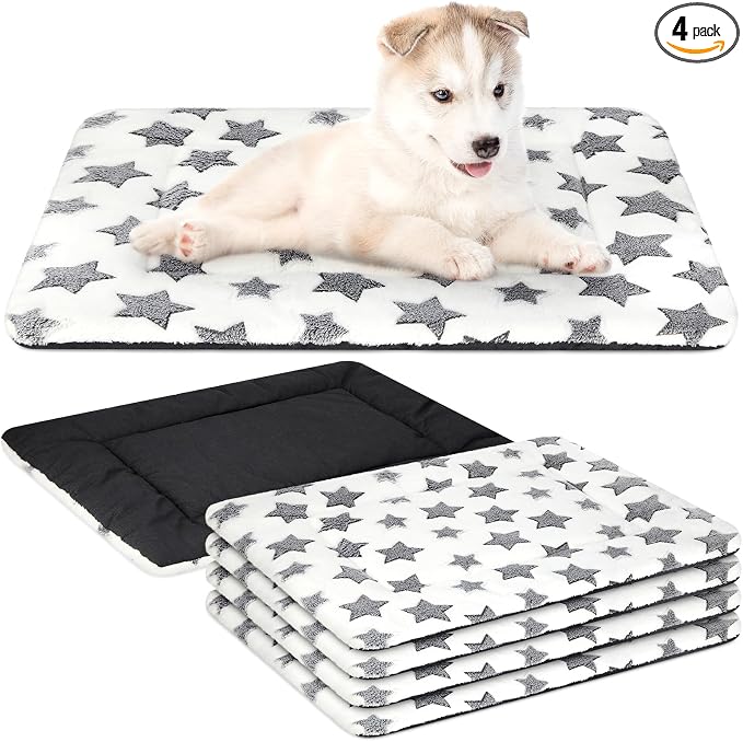 4 Pcs Dog Crate Pads Soft Warm,18 x 24 x 1.6 Inch,Star,White | Ultra Soft Warm Washable Anti-slip Kennel Bed Mat for Pets,Reversible Replaceable,for Small Medium Large Dogs and Cats