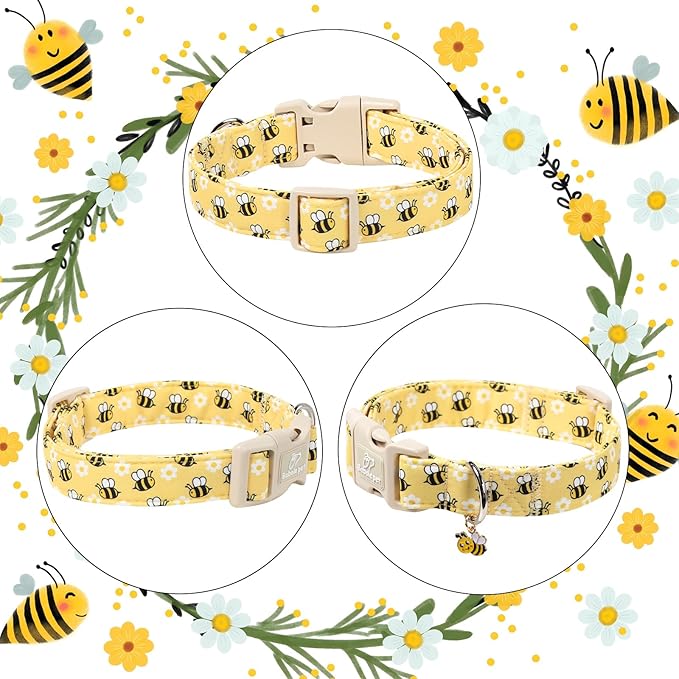 Bee & Daisy Dog Collar for Giant Large Dogs - Spring/Summer Cartoon Yellow Dog Collars, Lightweight Adjustable Male Female Dogs Collars with Quick Release Buckle XL