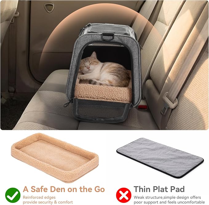 PETSFIT Soft-Sided Cat Carrier with Patented Safety Buckles, Lockable Zippers & Safety Tether,Escape-Resistant Travel Pet Carrier for Car Rides & Vet Visits, Airline Approved Under-Seat, Up to 12 lbs