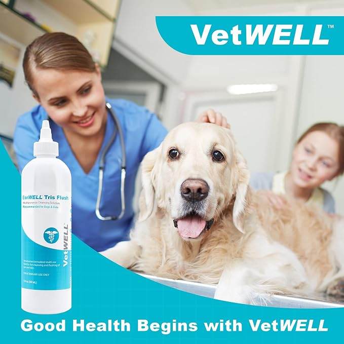 VetWELL EarWELL Tris Flush Dog Ear Cleaner Solution 12oz | Otic Cleanser Drops to Help Eliminate Odor and Relieve Skin Irritations, 12oz