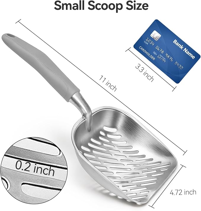 Cat Litter Scoop, Kitty Metal Scooper, Heavy Duty Aluminum Deep Sifter with Long Handle, Rustproof Durable Kitten Poop Shovel for Travel & Small Litter Box