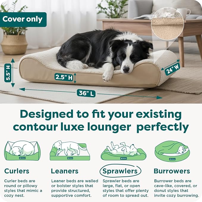FurHaven Replacement Dog Bed Cover, Contour Luxe Lounger Design, Soft & Breathable Fabric for Cozy Comfort, Machine Washable, Large, Ultra Plush Faux Fur & Suede, Cream