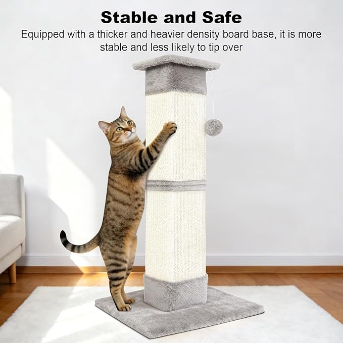 Cat Scratching Post 33 inch for Indoor Cats, Sisal Cat Scratcher, Vertical Posts with Dangling Ball, High Cat Scratch Post, Cat Tree for Full-Body Stretching, Protect Your Furniture, Light Grey