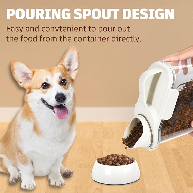 Pet Food Storage Container with Large Pour Spout, White | Dog Food Container with Measuring Cups, Keep Food Fresh, Portable Cat Food Container for Dogs, Cats, Birds and Small Animals
