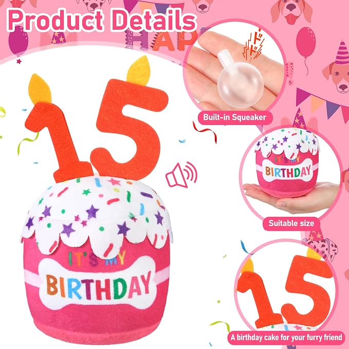Dansydaisy Dog Birthday Cake Toy Squeaky Plush Toy for Girl Boy Gifts, Chew Accessories for Dog Birthday Party Decor Favor for Large, Medium and Small Dogs(15th,Pink)