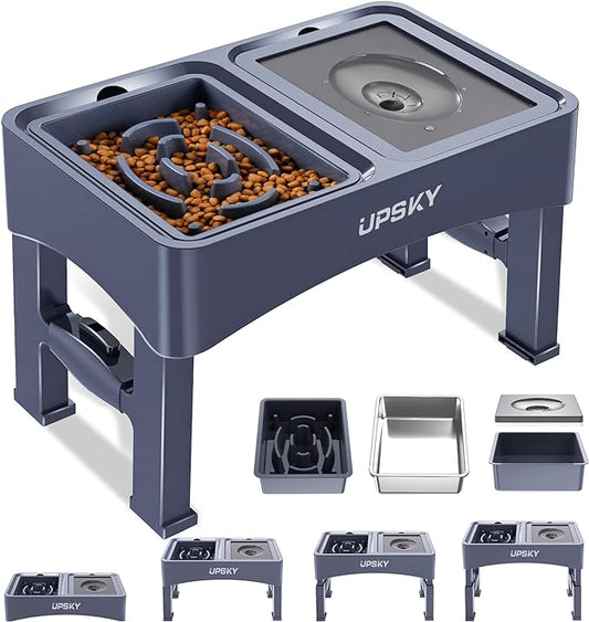 UPSKY 3-in-1 Elevated Dog Bowls Set with 4 Height Adjustable Stand, Blue | 304 Stainless Steel Bowl, No Spill Water Bowl, Slow Food Bowl, Anti-Slip, Dishwasher Safe, Suitable for Small Medium Dogs