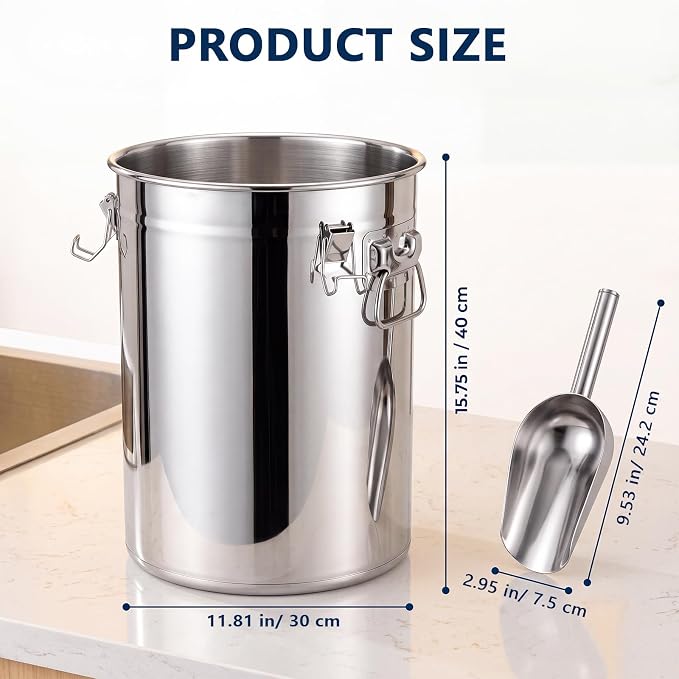 25 lb Stainless Steel Dog Food Storage Container | with Silicone Airtight Lid, Scoop. Easy to Clean Metal Pet Dog Cat Food Storage Container Keep Fresh