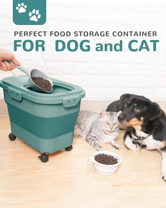 20-23 Lbs Dog Food Storage Container Airtight,Collapsible Pet Food Storage | Dog Food Container with Double Airtight Seal & Magnetic Lid,Cat Food Container with Wheels for Easy Moving,Small Jar,Scoop