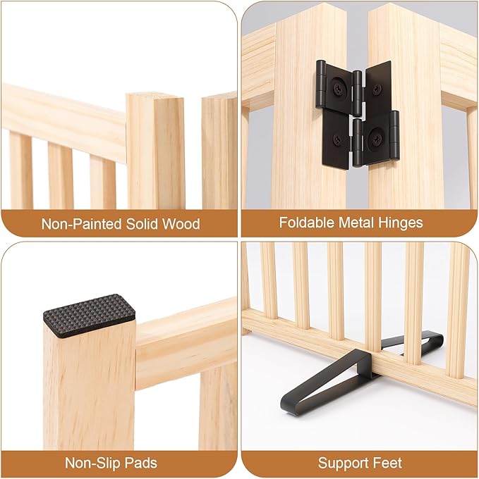 YOCAN Non-Painted Wooden Freestanding Dog Gates for The House,Doorways, Stairs,Wood Dog Fences Indoor Pet Gate,Step Over Fence-4 Panel H:16.9"