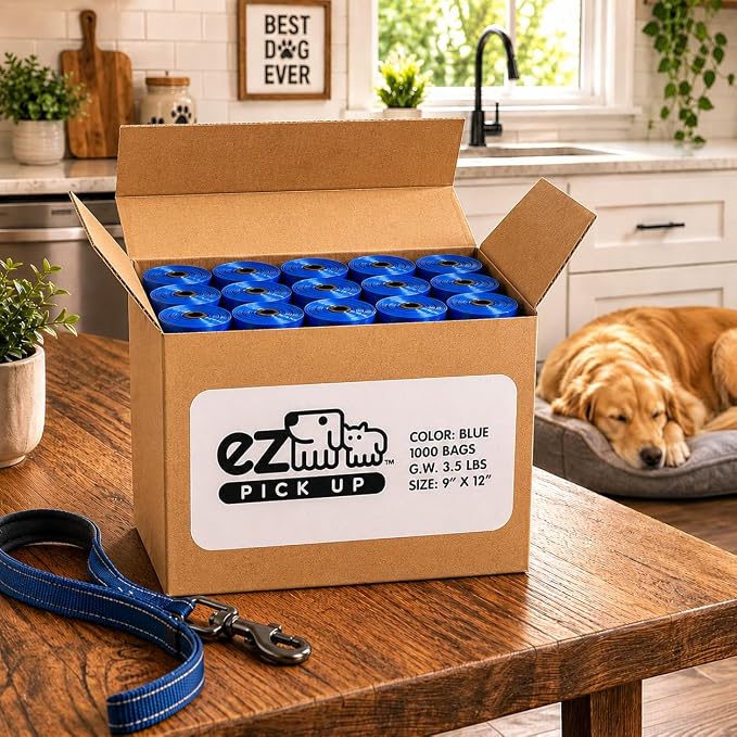 EZ Pick Up 1000 Ct Dog Waste Bags Blue 50 Rolls 1000 Poop Pet Disposal Bag | leak proof, extra large, heavy duty, puppy training, refill bags, 9"x12", poo bag, poopy clean up