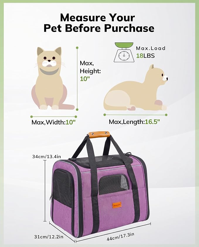 Morpilot Cat Carrier - Cat Carrier Soft for Medium or Large Cats up to 20lbs, with Dual-Sided Cushion, Secure Buckle and Foldable Bowl, Dog Carriers for Small Dogs(Purple)-17.3" L x 12.2" W x 13.4" H