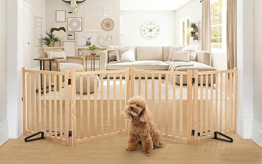 YOCAN Non-Painted Wooden Freestanding Dog Gates for The House,Doorways, Stairs,Wood Dog Fences Indoor Pet Gate,Step Over Fence-4 Panel H:23”