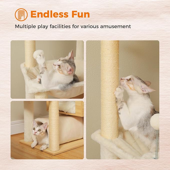 PEQULTI Floor to Ceiling Cat Tree, 93-101'' Adjustable Wooden Tower, Beige | Tri-column tower with ceiling posts & wall straps; 7 levels, condo, large hammock, 6 sisal posts & perches for adult cats