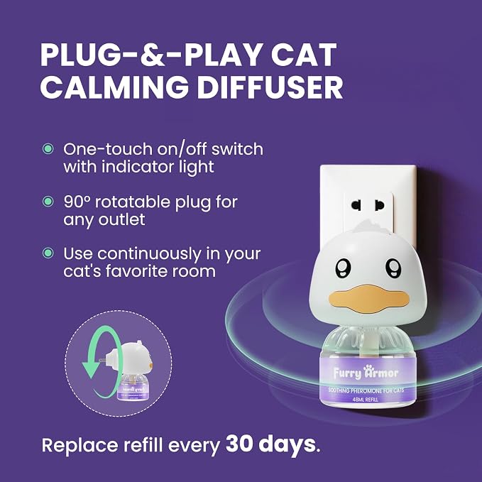 Calming Diffuser for Multi-Cat, 60-Day Supply | 1 diffuser + 2 refills, 30-day per refill, odorless, reduces fighting, spraying & scratching, leak-free