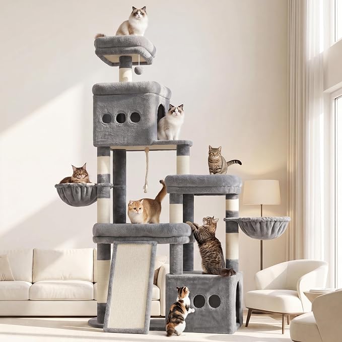 Heybly Cat Tree 72.4-Inch Anti-Tip Cat Tower with Spacious Perches HCT060W | All-in-One Cat Furniture for Large Cats, Multiple Interactive Areas, Extra-Large Sisal Scratching Board, Light Gray