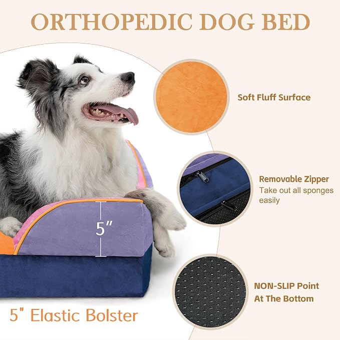 Comfort Expression Orthopedic Dog Beds for Large Sized Dog with Bolster | Waterproof Dog Couch Bed with Washable Cover & Non-Slip Bottom, Supportive Egg Crate Foam Large Pet Bed, 36x27 Inch