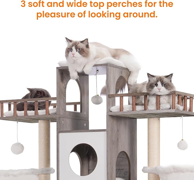 Heybly Cat Tree with Litter Box Enclosure for Indoor Big Cat HCT110SG | Cat Tower for Large Cats 20 lbs Heavy Duty, Modern Cat Condo Furniture with Scratching Posts, Rustic Gray