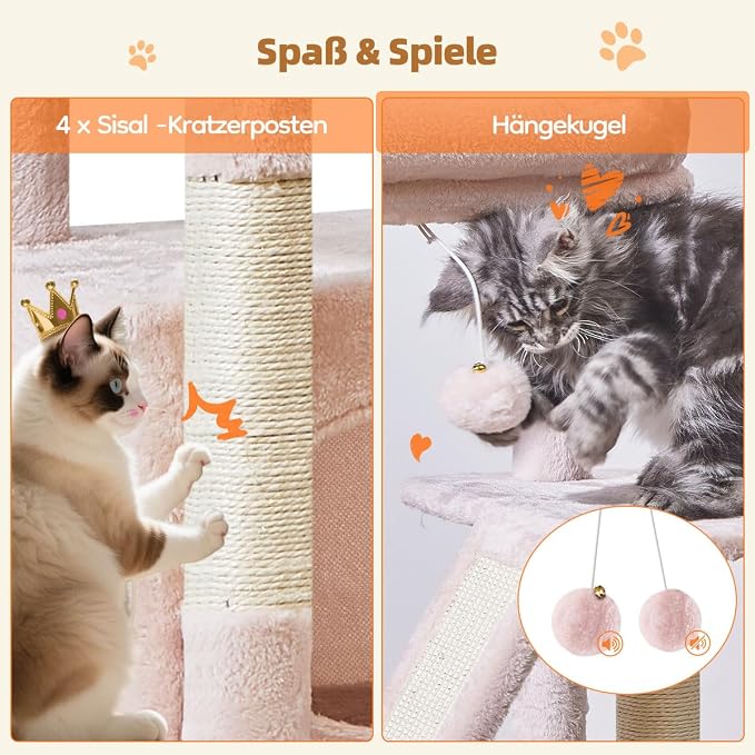 Taoqimiao Cat Tree, 38.5In Cat Tower for Indoor Cats, Suitable for Kittens | Thick Padded Top Perch, Luxurious Cat Condo, Adjustable Basket, 1-Piece Ramp Scratcher, 3 Natural Sisal Posts, Pink, MS029SP