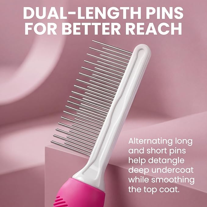 Poodle Pet Detangling Pet Comb with Long & Short Stainless Steel Teeth for Removing Matted Fur, Knots & Tangles – Detangler Tool Accessories for Safe & Gentle DIY Dog & Cat Grooming (Pink)