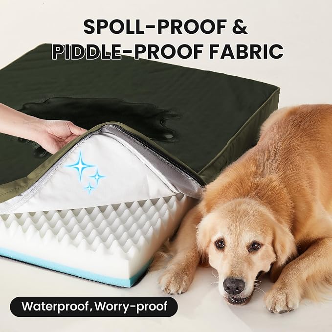 OhGeni Orthopedic Waterproof Dog Bed for Large Dogs, Machine-Washable Removable Cover in Easy-Clean Fabric, Reversible Memory Foam & Easy-Carry Handle, Suitable for Crate, 41 inch (Green)