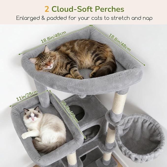 Globlazer 80in Tall Extra Large Heavy Duty Corner Cat Tree Tower, S80C | Sturdy Big Cat Tower for Indoor Cats Large Adult with Scratching Post, 2 Spacious Condos with Padding, 2 Perches, Light Grey