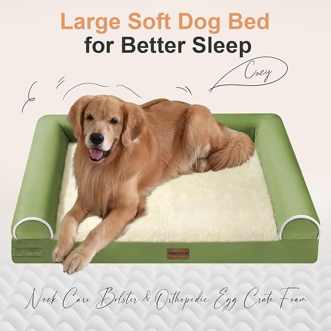 NANUYA Orthopedic Dog Bed for X-Large Dogs, 40 x 32 Inch, Grass Green | Egg crate foam for joint support, 3-sided bolster pet sofa, waterproof lining, washable cover, and non-skid base