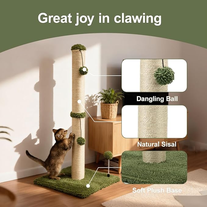 MECOOL 34“ Tall Cat Scratching Post Premium Basics Kitten Scratcher Sisal Scratch Posts Trees with Hanging Ball for Indoor Cats (34 inches for Adult Cats, Cactus Green)
