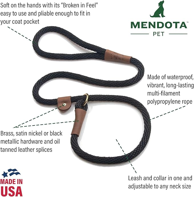 Mendota Pet Slip Leash - Dog Lead and Collar Combo - Made in The USA - Black Ice Purple, 1/2 in x 6 ft - for Large Breeds