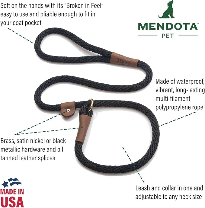 Mendota Pet Slip Leash - Dog Lead and Collar Combo - Made in The USA - Black Ice Turquoise, 1/2 in x 6 ft - for Large Breeds