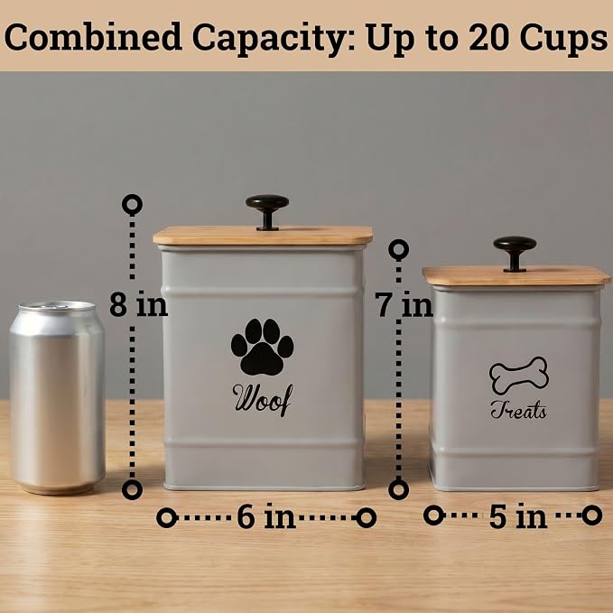 Dog Treat Container Set of 2 with Airtight Bamboo Lids - 8x6 & 7x5 inch | Fits All Popular Treats, Up to 20 Cups Combined Capacity, Airtight Bamboo Lid, Easy Open Lid, Dent-Resistant Durable Metal
