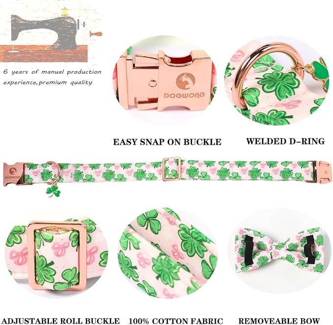 DOGWONG St. Patrick's Day Shamrock Dog Collar with Bow,Pink Green Four Leaf Clover Pattern Dog Collar, Adjustable Durable Soft Collars Irish Gift for Male Female Dogs,S