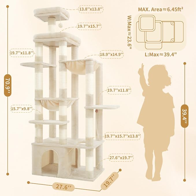 Heybly Cat Tree, 71-Inch Tall Cat Tower for Large Maine Coon Cats HCT03MG | Cat Condo Furniture with Extra-Large Baseboard, Multi-Level Platforms, 2 Hammocks and 12 Scratching Posts, Beige