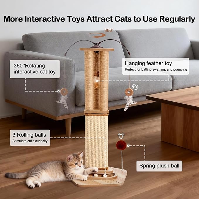 34 Inch Tall Cat Scratching Post for Large Cats, Heavy Duty Natural Sisal Cat Scratcher with Multi Interactive Toys 360° Rotating Feather Toy, Ball Track, Spring Pom for Adult Cats & Kittens