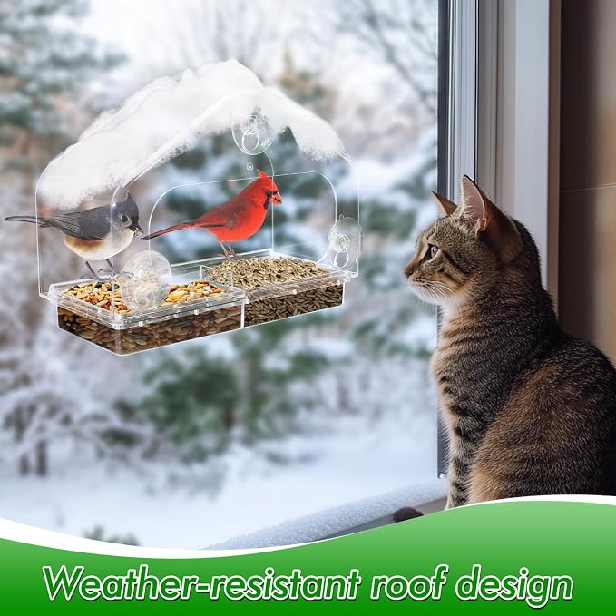 MEWTOGO Outdoor Window Bird Feeder for Cats Viewing, Large | Clear Bird Feeder with Strong Suction Cup, Cat Perch Accessories for Entertaining Watching