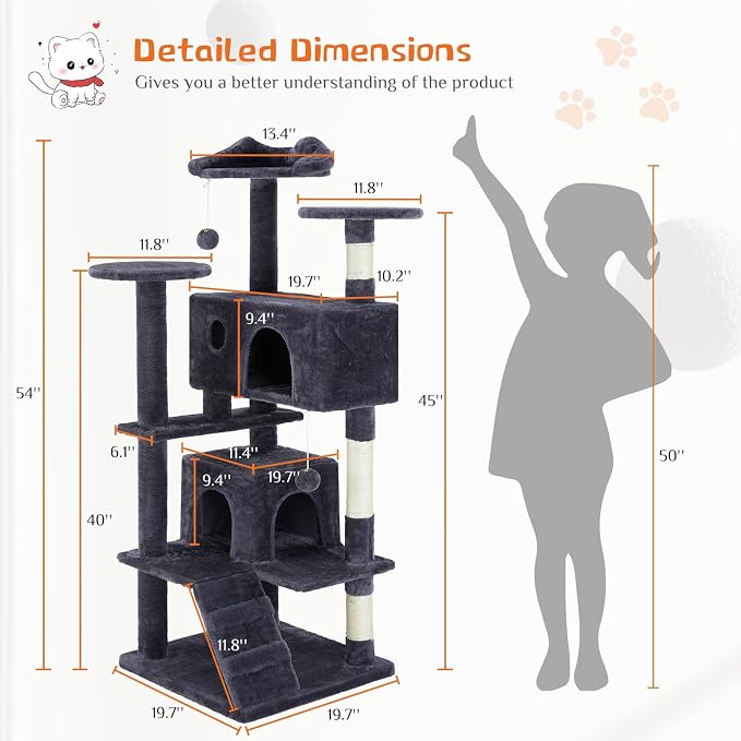54 Inch Cat Tree Tower with Sisal Scratching Posts | Multi-Level Cat Tower with Climbing Ladder, Play Toy Balls House for Indoor Cats, Grey