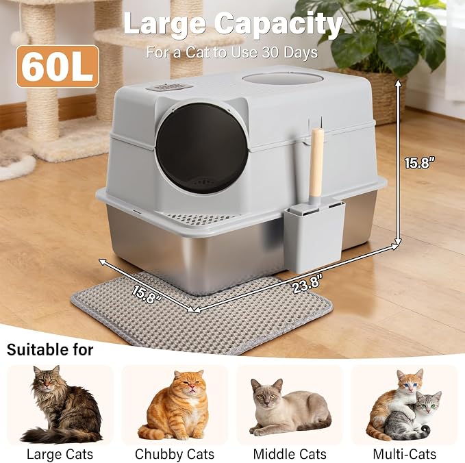 Stainless Steel Litter Box with Lid, XL Large Enclosed Cat Litter Box | Metal Cat Litter Box for Big Cats with High Sided,Anti-Leakage,Front & Top Entry,Includes Mat & Scoop