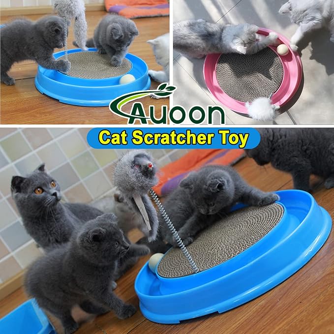 AUOON Cat Scratcher Toy with Ball Track - 3 in 1 Interactive Cat Toy, Cat Scratch Pad with Cat Ball Toy and Plush Cat Mouse Toy for Indoor Cats and Kittens (Milk Shake)