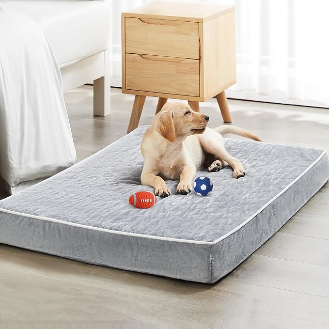 WNPETHOME Orthopedic Waterproof Large Dog Bed for Crate Cozy Sleep | Washable Large Pet Bed with Removable Cover, Multi-Needle Quilting Dogs Crate Beds Light Grey 35x22 Inch