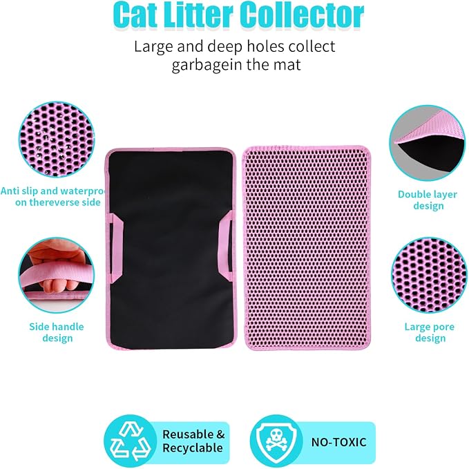 Cat Litter Mat 26"x46.5", Double Layer Waterproof Litterbox Mat, Pink | Non-slip backing, washable for easy cleanup, traps stray litter with waterproof honeycomb large grid that is urine-proof.