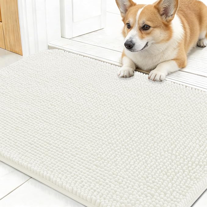 OLANLY Dog Door Mat for Muddy Paws 30x17, Super Absorbent Chenille Mud Mat | Ivory, Absorbs Moisture and Dirt, Non-Slip Machine Washable Doormat, Quick-Drying Indoor Entryway Floor Carpet for Dogs