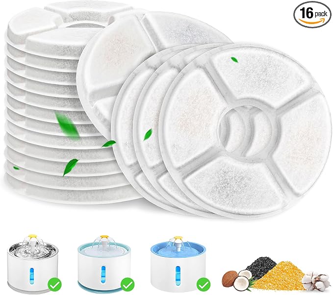 Cat Fountain Filter, 16 Pcs Cat Water Fountain Filters Replacement Dia is 5", 3-Filtration System Round Carbon Filters Compatible with 81oz / 2.4L Round Automatic Pet Dog Water Fountain Dispenser