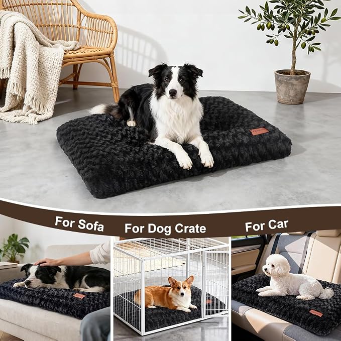 Dog Bed Crate Pad - Rosette Pattern White Velvet Pet Bed Anti-Slip Comfy Kennel Pad for Crates Rosette Black M