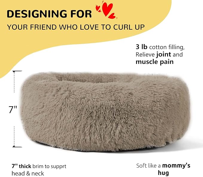 HACHIKITTY Calming Donut Cuddler Dog Bed, Round Fluffy Pet Bed with Sewn-in Cushion for Large Dogs,Washable, Large, Taupe, 30''