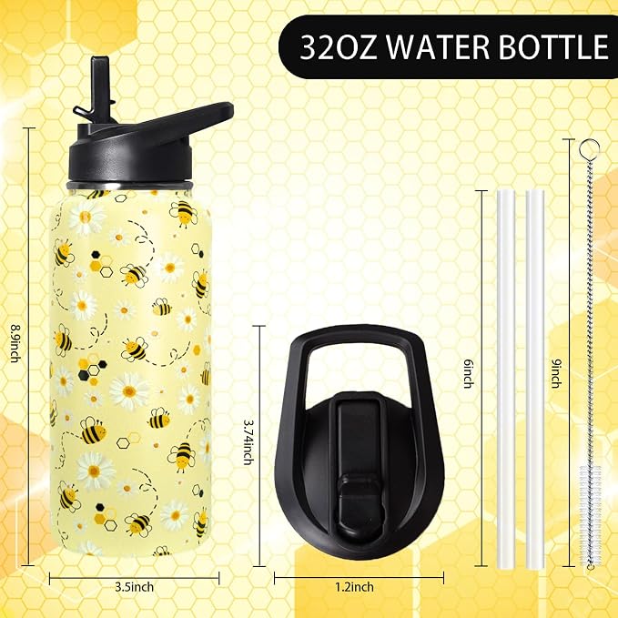 32oz Bee Insulated Aater Water Bottle with Straw, Bee Gym Hiking Sports Coffee Mug Cup Water Bottles,Bee Gifts for Women,Bee Decor Stuff Accessories
