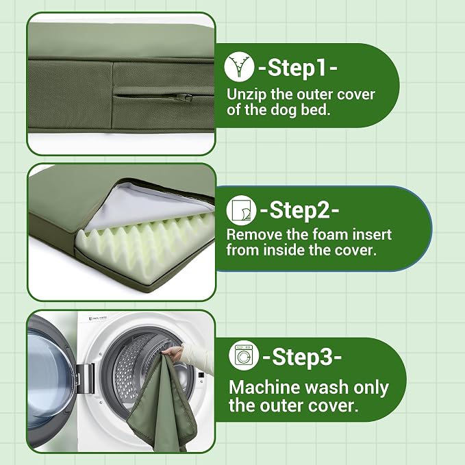 Vonabem Outdoor Dog Bed Waterproof Washable, XL Large Dogs Crate Pad 42 inch, Wipeable Leather Pet beds, Foam Anti-Slip Kennel Pads with Removable Cover Reversible, 41"x27" Green