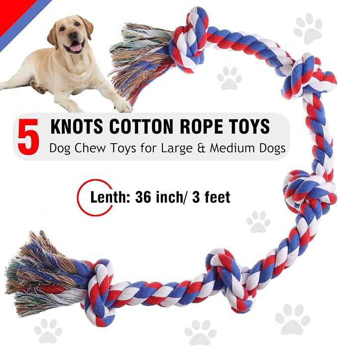 XIGOU Dog Rope Toys for Large Dogs Aggressive Chewers, Dog Chew Toys for Large Breed Indestructible, Heavy Duty Tough 3 Feet 5 Knots Dog Toy, Sturdy Rope toy for Dogs Tug of War Dog Toy Teeth Cleaning
